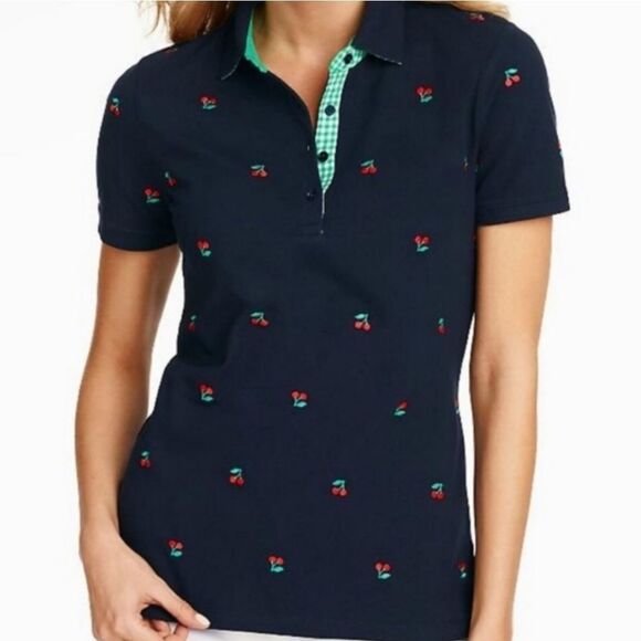 🔸️Talbots Blue & Red Cherry Print Short Sleeve Polo Top Medium - Picture 1 of 10